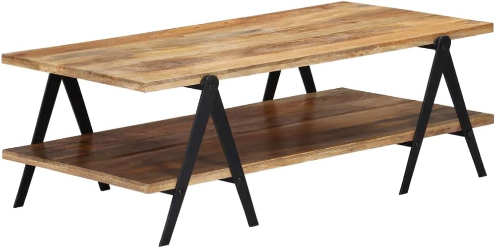 Couchtisch aus massivem Mangoholz - 115 x 60 x 40 cm mit 2 Ablagen und Stahlbeinen - Braun im modernen Vintage Design - Für Wohn und Schlafzimmer
