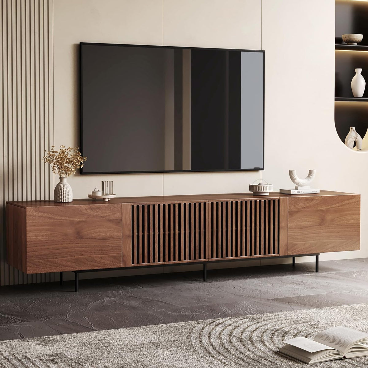 Mid Century TV Lowboard 240 cm - Für Fernseher über 80 Zoll mit Stauraum - Home Entertainment Center in Walnuss Optik - Moderner TV Schrank für Wohn und Schlafzimmer