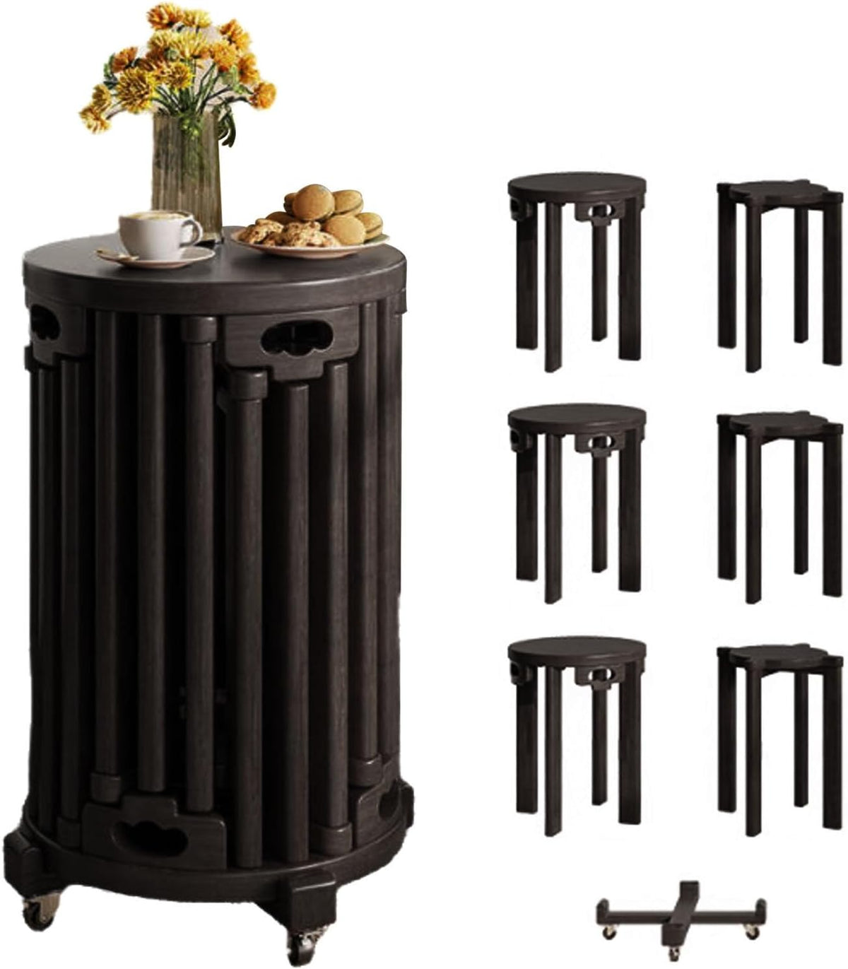 Stapelbare Holzhocker im 6er Set - Schwarz mit Rollen und runder Form - Multifunktional als Sitz und Beistelltisch - Für Wohn Schlaf Küche und Balkon