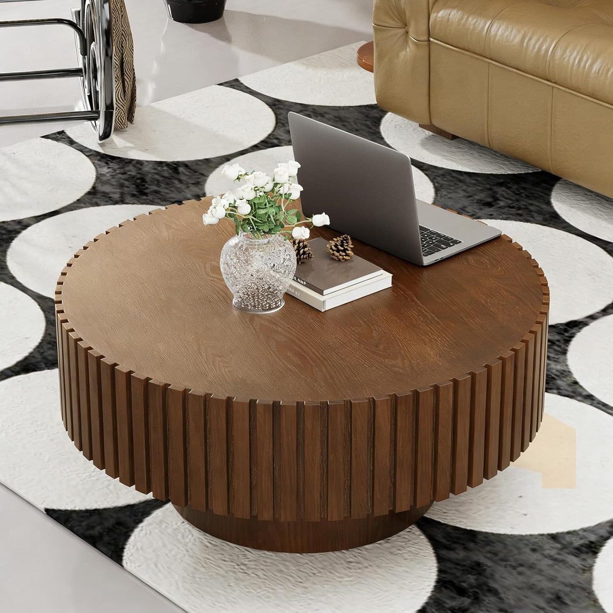 Runder Couchtisch - 80 x 80 x 35,5 cm in Braun - Belastbar bis 150 kg - Moderner Wohnzimmertisch für Büro und Balkon