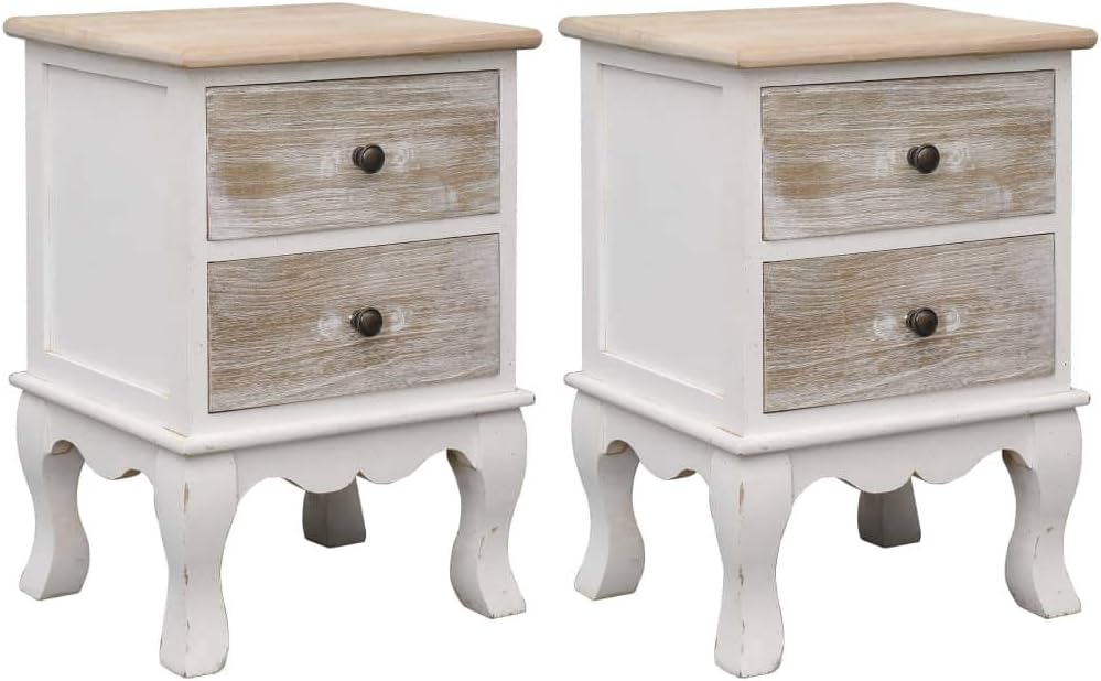 Nachttisch Set 2-teilig - Je zwei Schubladen und weiße Holzoptik - Paulownia Holz im modernen Retro Design - 35 x 50 x 30 cm für das Schlafzimmer