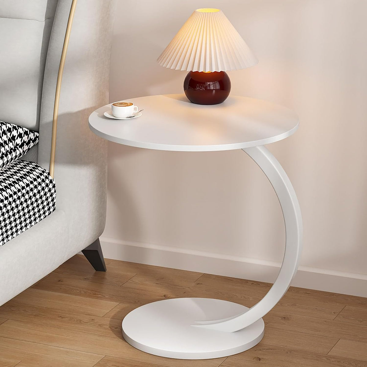 C Form Beistelltisch aus weißem Marmor - Runde drehbare Tischplatte - Modernes Design mit Vintage Charakter - Für Laptop Wohnzimmer und Büro