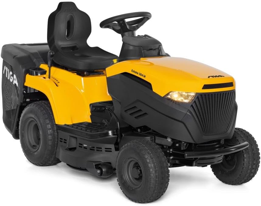 STIGA Estate 384 M Gartentraktor - 414 cm3 ST 400 Benzinmotor mit 84 cm Mähdeck - Für Gärten bis 3500 m2 mit 200 l Fangkorb - Mulchfunktion Anhängerkupplung Getriebe