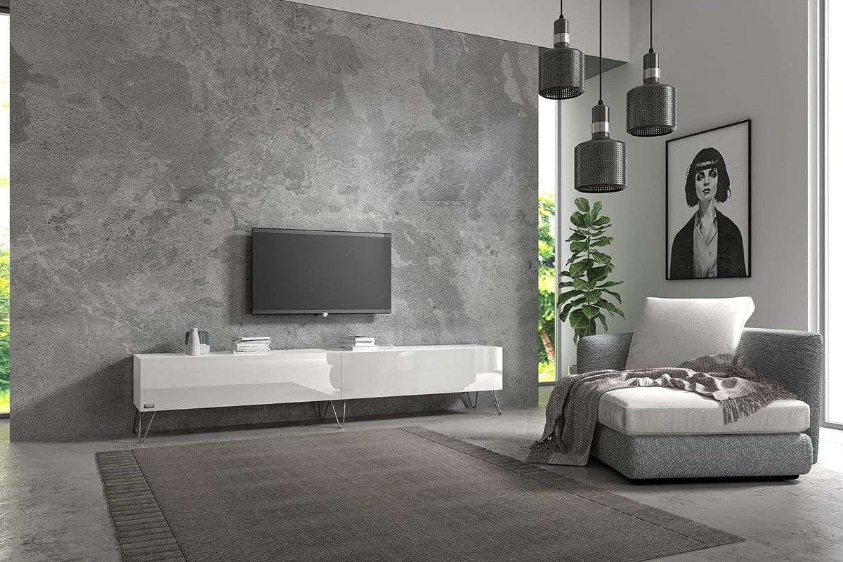 Wuun Somero TV Lowboard - 240 cm aus 2 Modulen mit Haarnadel Chrom Füßen - Weiß matt und Weiß Hochglanz - Modernes TV Board für Wohnzimmer