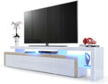 Vladon Leon V3 TV Lowboard 227 x 35 x 52 cm - Weiß Hochglanz mit Eiche Sägerau Rahmen - inklusive LED Beleuchtung - modernes TV Board Made in Germany