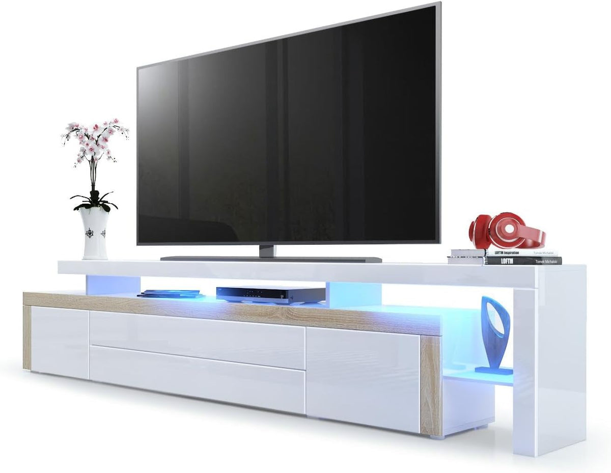 Vladon Leon V3 TV Lowboard 227 x 35 x 52 cm - Weiß Hochglanz mit Eiche Sägerau Rahmen - inklusive LED Beleuchtung - modernes TV Board Made in Germany