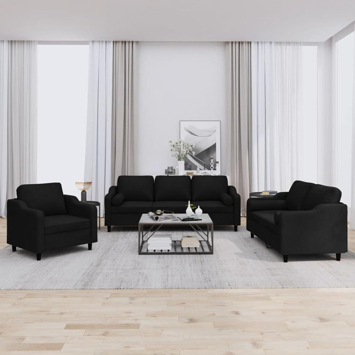 Sofagarnitur 3 2 1 - Dreisitzer Zweisitzer und Sessel in Schwarz - Gepolstert atmungsaktiv und robust - Für Wohnzimmer und Wohnraum