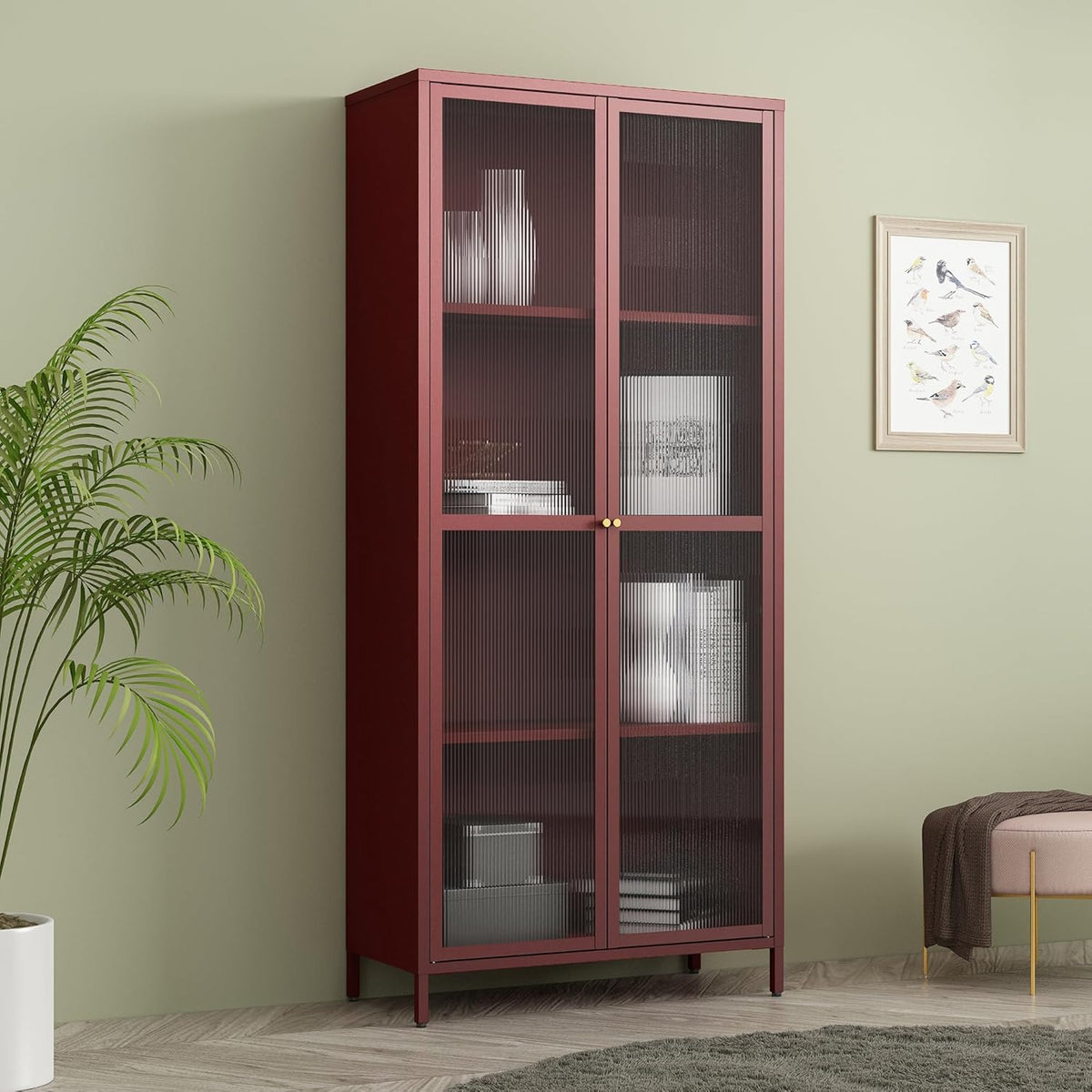 en.casa Säkylä Vitrinenschrank - Bordeauxrot mit 2 Türen und 4 Ablagen - 80 x 35 x 180 cm aus Metall und gehärtetem Glas - Mehrzweckschrank für Bücher und Geschirr
