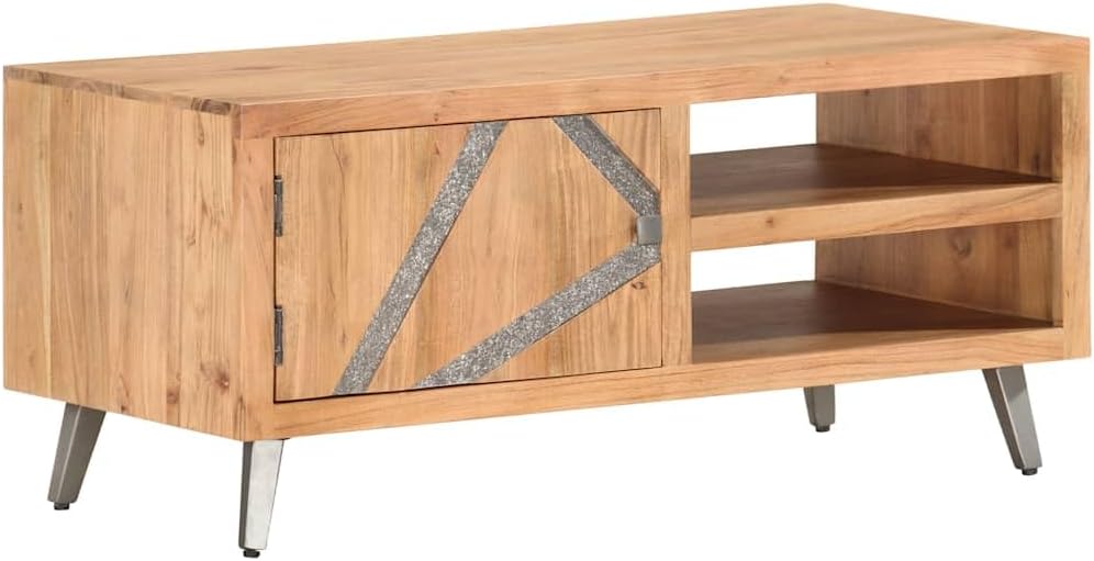 Couchtisch aus massivem Akazienholz - Tür Fächer und Stahlbeine - Braun im industriellen Design - 90 x 45 x 40 cm für Wohn und Schlafzimmer