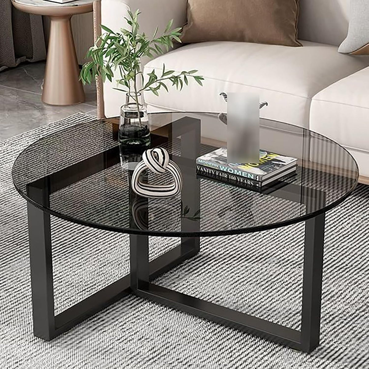 Ovaler Couchtisch aus gehärtetem Glas - 80 x 65 x 25 cm mit Metallrahmen - Schwarz mit integriertem Stauraum - Für moderne Wohnzimmer