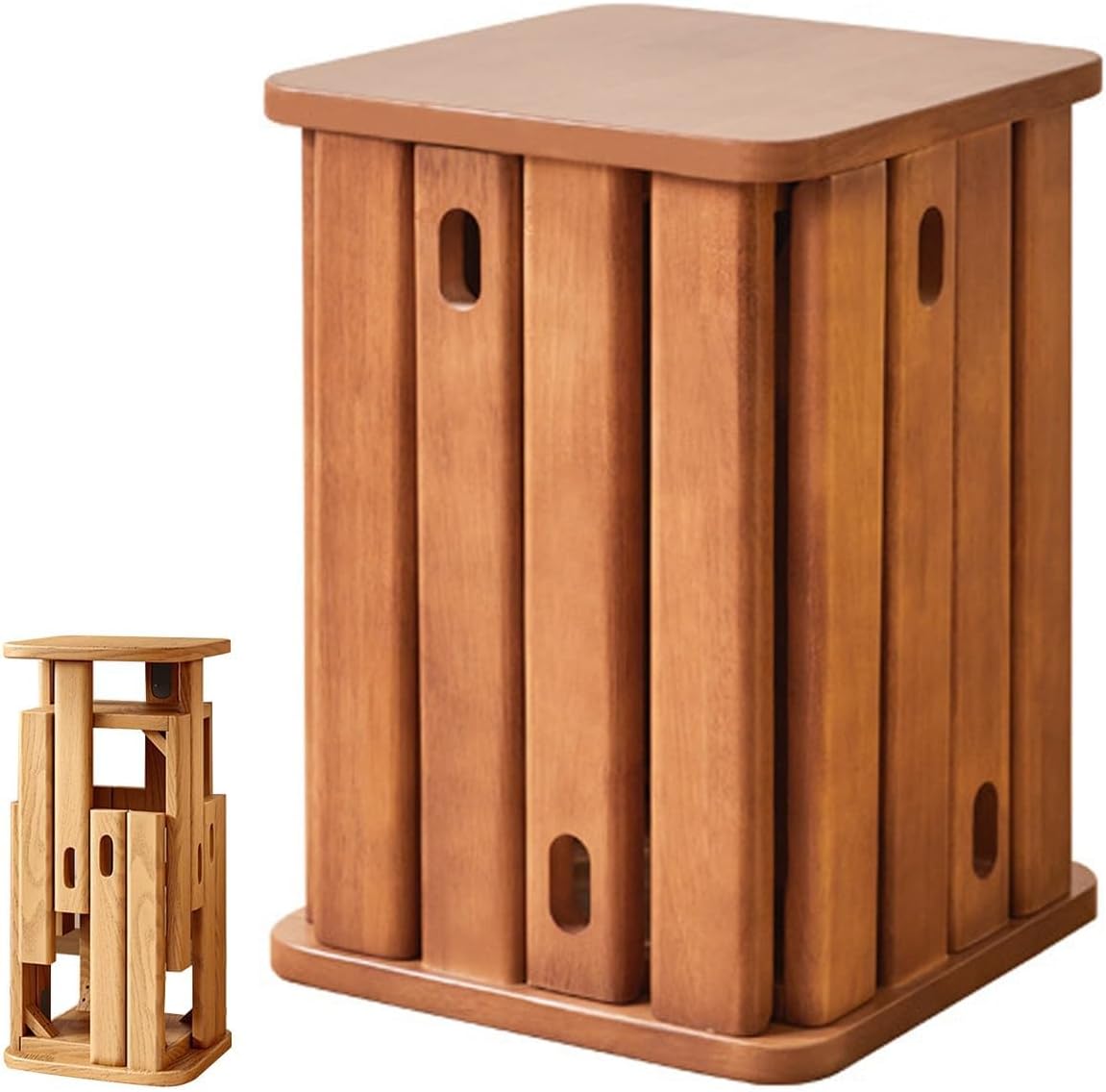 Quadratischer Stapelhocker aus Massivholz - Walnussfarben im Nesting Design - Sitzhocker und tragbarer Beistelltisch - Für Küche Wohn und Schlafzimmer