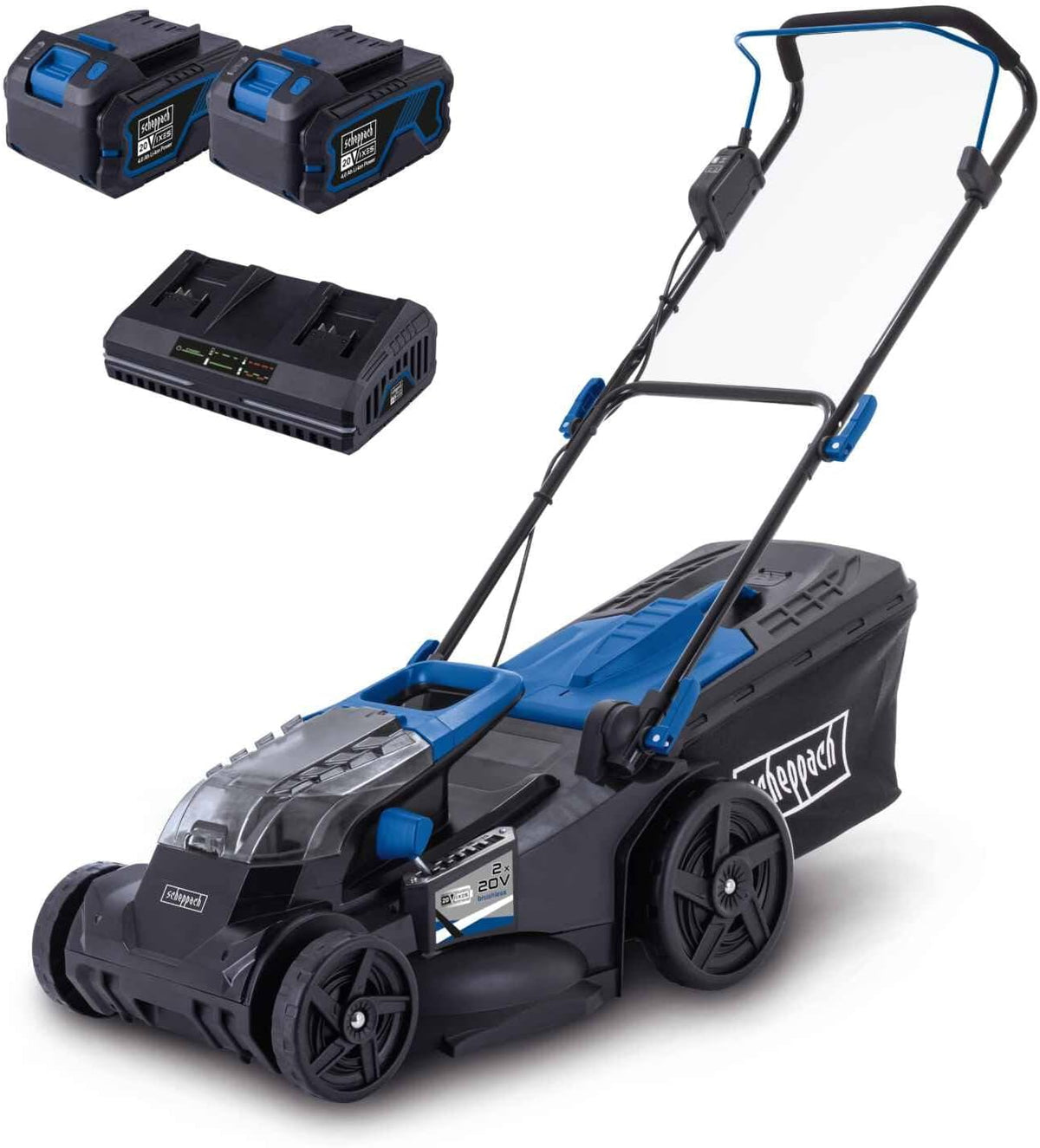 Scheppach BC MP430 X Akku Rasenmäher - 43 cm Schnittbreite für 600 bis 700 Quadratmeter - Brushless mit 50 Liter Fangkorb - Zwei 4 Ah Akkus und Fastcharge Doppelladegerät