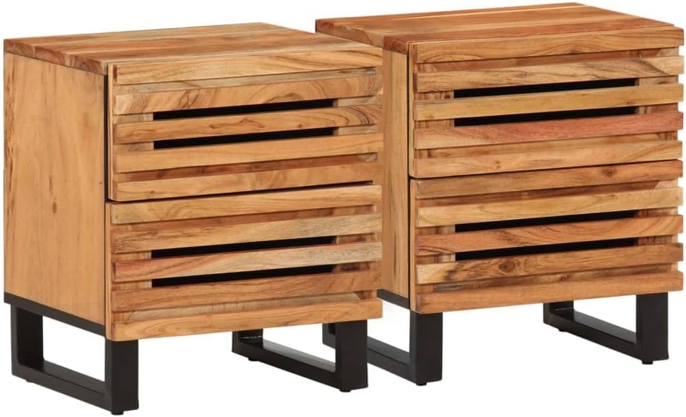 Nachttisch Set aus Akazienholz - 2 Tische mit 40 x 34 x 46 cm - Insgesamt 2 Schubladen und Beine - Braun für Schlafzimmer Wohnzimmer und Flur