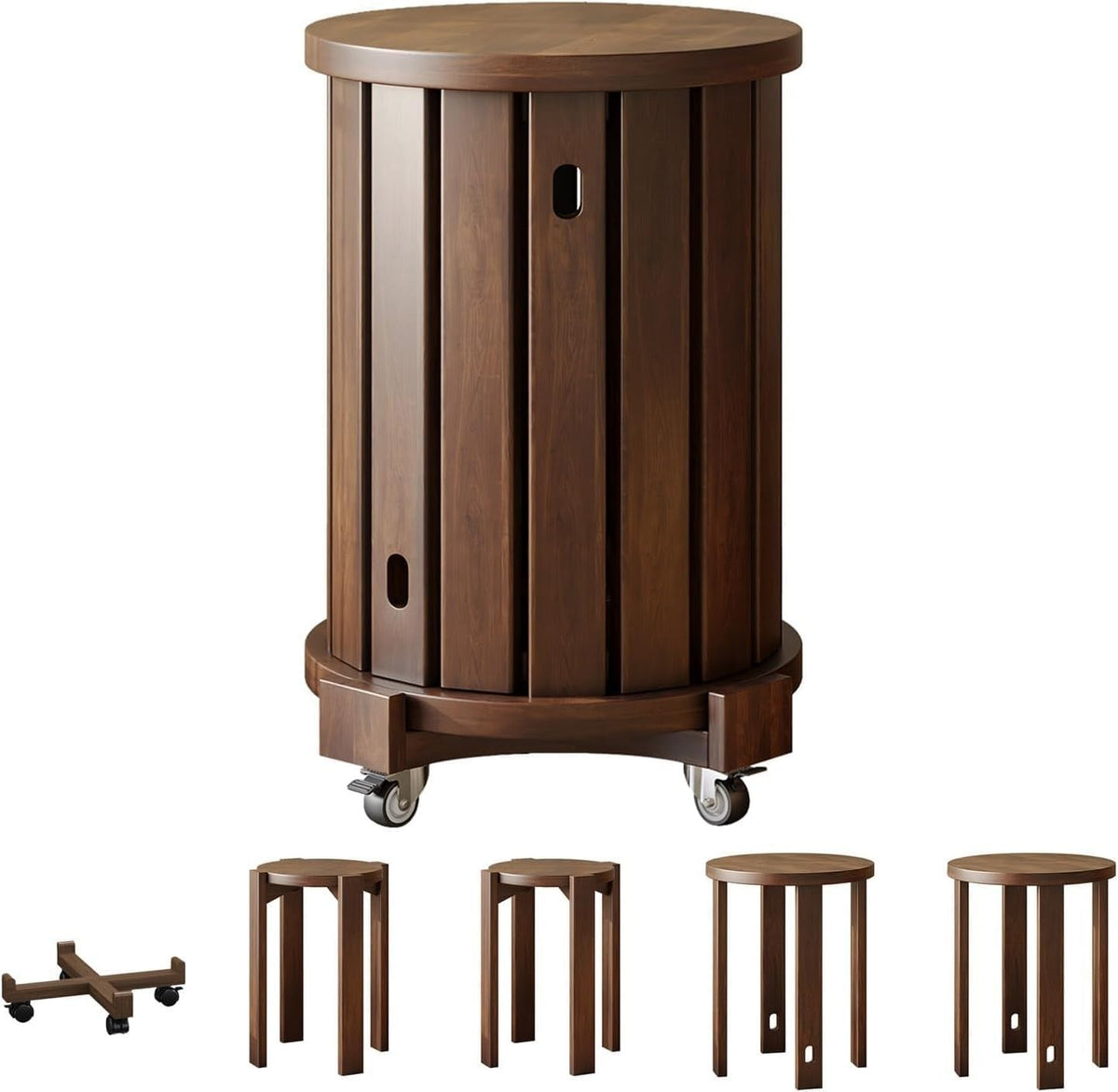 Stapelbare Massivholzhocker im 4er Set - Kaffeebraun mit runder Sitzfläche - Sitzhocker und multifunktionale Beistelltische - Für Wohn Schlaf und Esszimmer