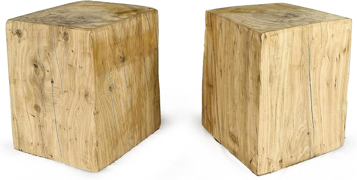 Eichenholz Hocker Set 2-teilig - Handgefertigte Holzblöcke aus Massivholz - Naturfarben im rustikalen Design - Je 40 x 40 x 50 cm als Beistelltisch und Dekosäule