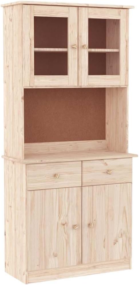 vidaXL Highboard aus massiver Kiefer - mit Schubladen und Glastüren für Stauraum und Dekoration - Naturholz Design - Buffetschrank für Küche und Wohnzimmer