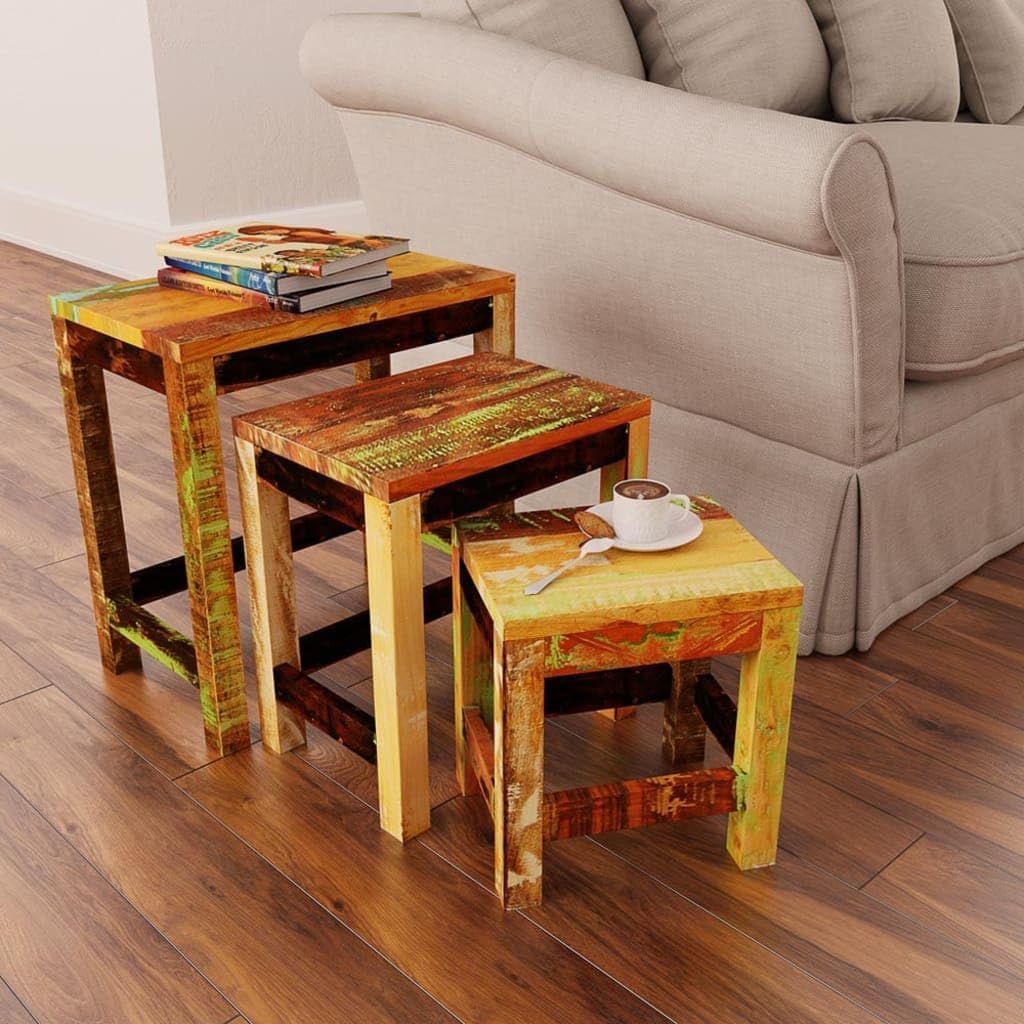 Satztisch Set im Antik Stil - Dreiteilig aus Holz - Braune rechteckige Beistelltische - Zeitlose Ergänzung für Wohnzimmer und Schlafzimmer