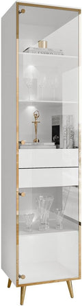 Lookway Aurora Vitrine mit LED - Weiß Hochglanz mit Glasfront und Golddekor - 45 x 40 x 181 cm mit Schubladen und Regalen - Abschließbar hängend oder stehend mit Gold Chrom Beinen