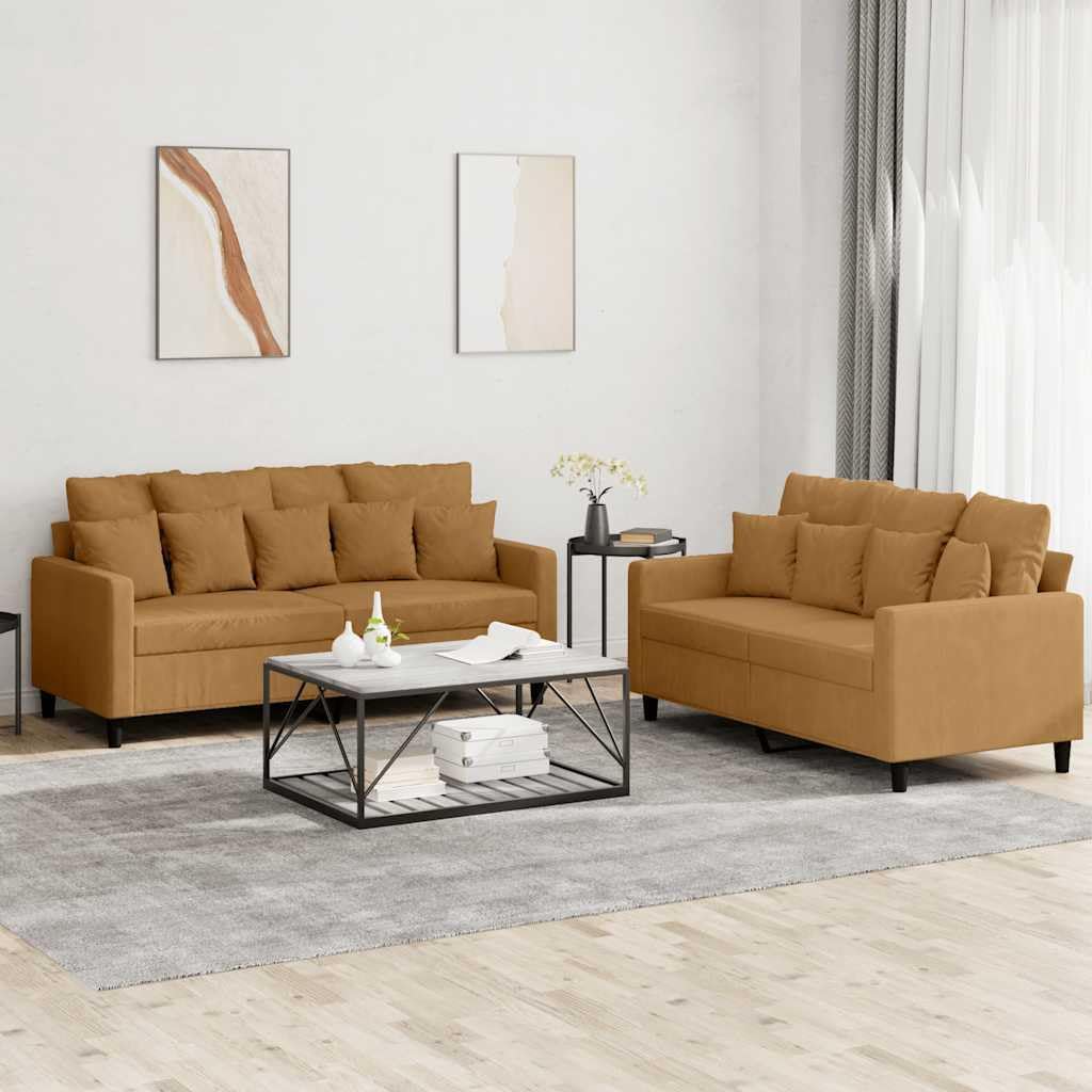 Zweiteilige Sofagarnitur mit Kissen - Brauner Samtbezug - Zwei gepolsterte Sofaelemente - Modernes Couch Set für das Wohnzimmer