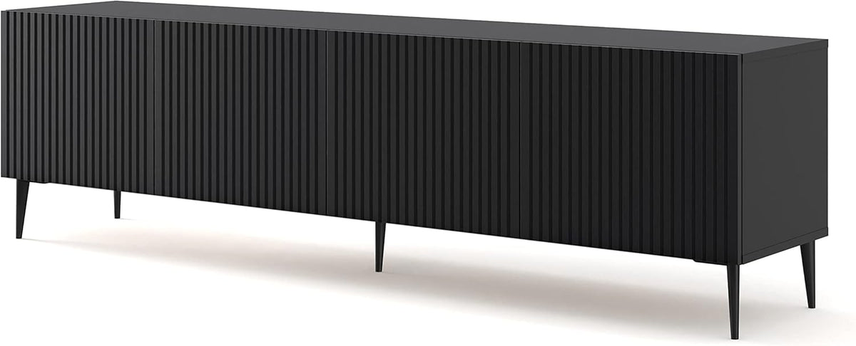 BIM Furniture TV Lowboard 200 cm - Gefräste MDF Fronten mit Push to Open - Schwarze Metallfüße und Schwarz Matt - Moderner HiFi Fernsehschrank fürs Wohnzimmer