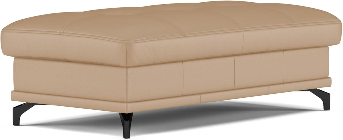 CAVADORE Castiel Polsterhocker - 138 x 71 x 48 cm aus cappuccinofarbenem Echtleder - Mattschwarze Metallfüße - Fußablage Sitzplatz und Beistellhocker
