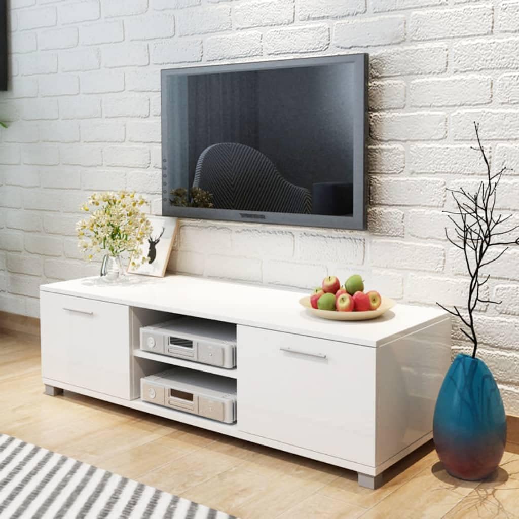 TV Lowboard Hochglanz Weiß 120 x 40,3 x 34,7 cm - 4 Kabelausgänge und 2 Regale - modernes TV Board mit Fächern - Fernsehtisch für Wohnzimmer