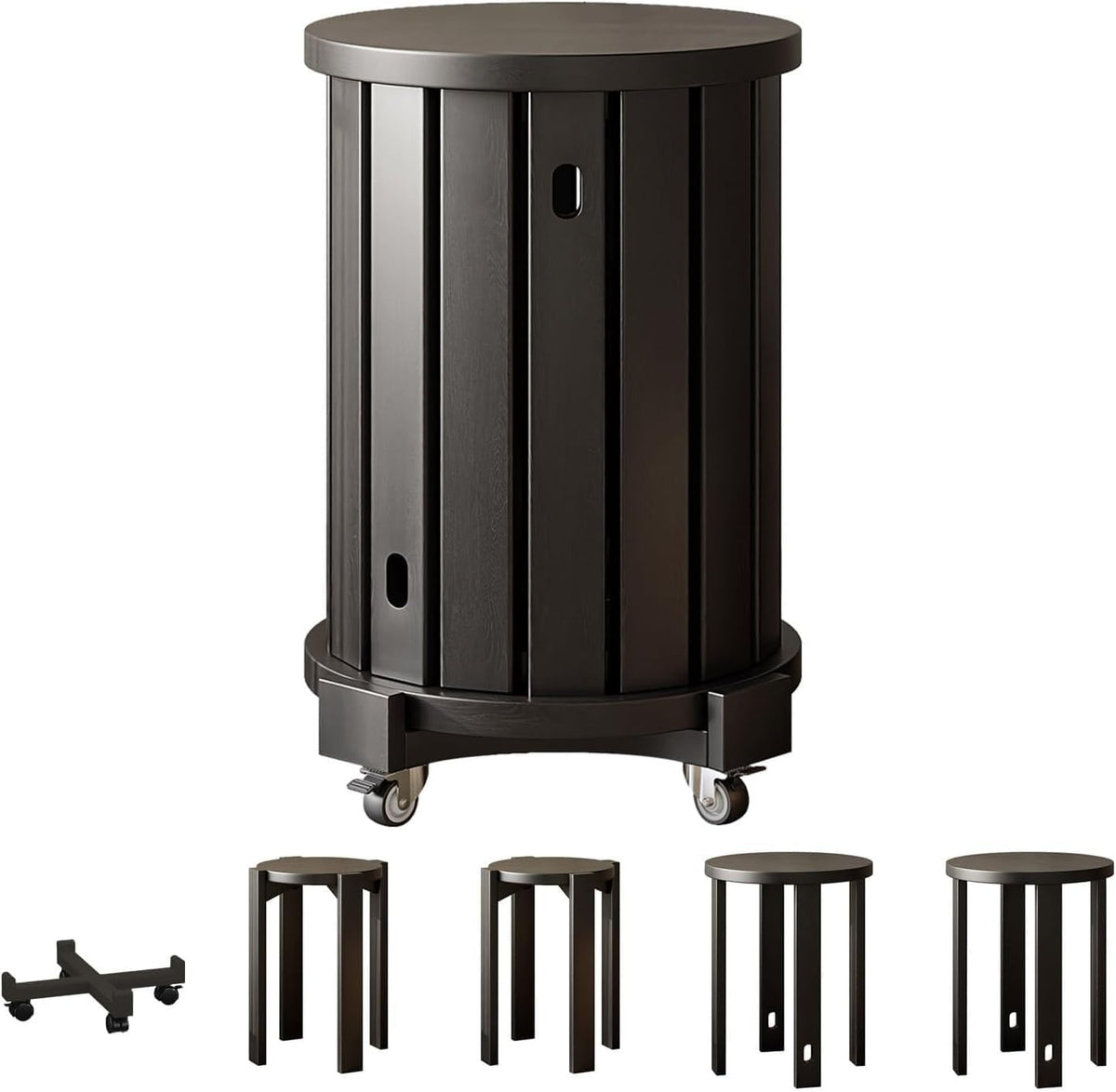 Stapelbare Holzhocker im 4er Set - Schwarz und multifunktional als Beistelltisch - Platzsparendes kompaktes Design - Für Wohn Schlaf und Essbereich