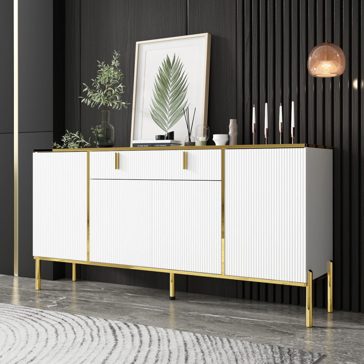 Sideboard Weiß 160 cm - 4 Türen mit verstellbaren Einlegeböden - Wohn und Buffetschrank aus Holzwerkstoff - 160 x 80 x 40 cm für Küche Esszimmer und Eingang