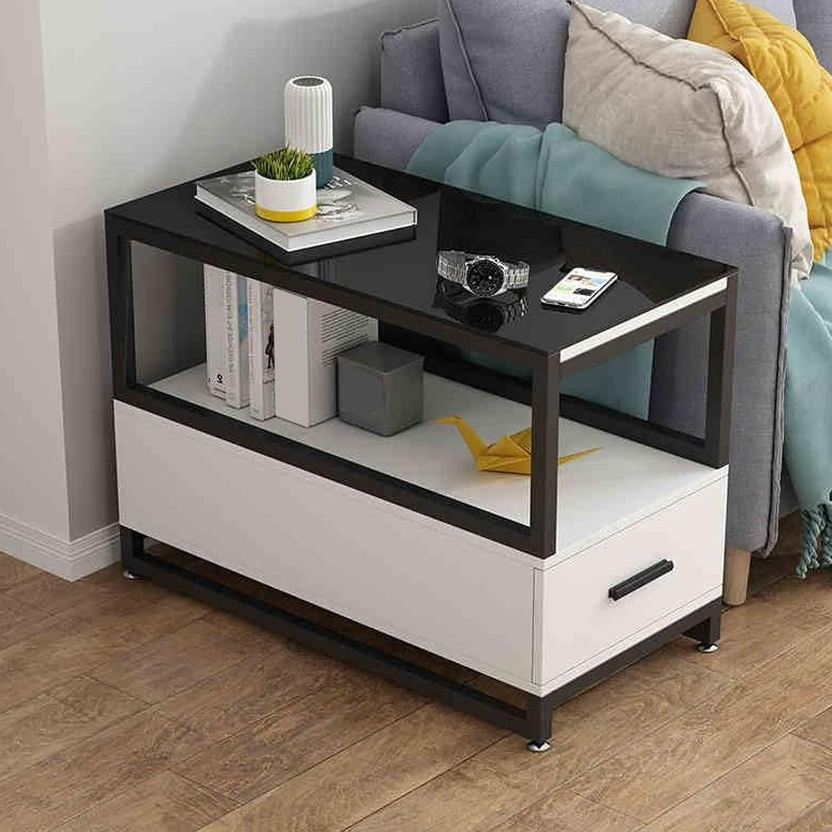 Beistelltisch mit Glasplatte - 60 x 30 cm mit Schublade und Stauraum - Schwarz mit 2 Ebenen - Für Wohnzimmer Schlafzimmer und kleine Räume