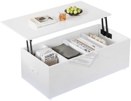 Höhenverstellbarer Couchtisch mit LED - USB Ladefunktion und hydraulischer Hubplatte - Weiß Hochglanz mit vier Fächern - 100 x 50 x 49,5 cm