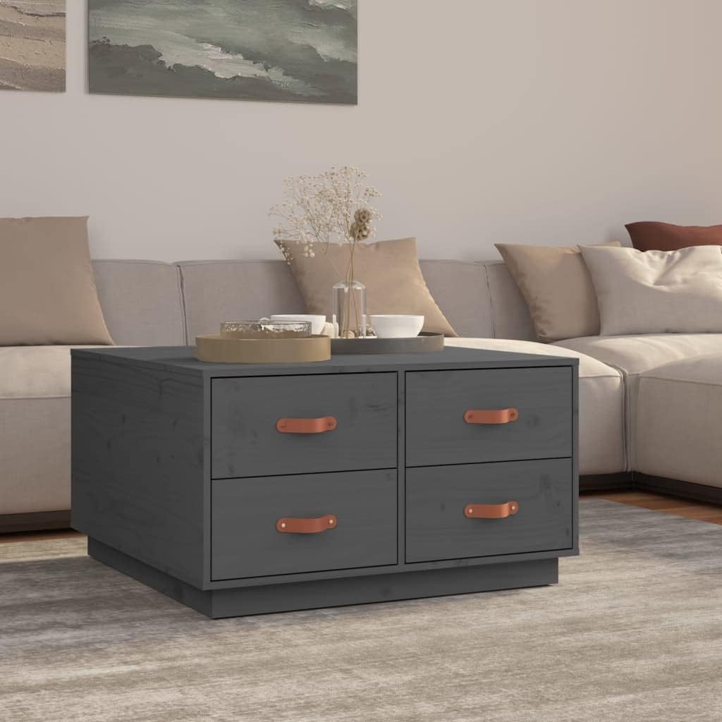 Couchtisch aus massivem Kiefernholz - Vier Schubladen für zusätzlichen Stauraum - Grau im modernen Design - 80 x 80 x 45 cm für das Wohnzimmer