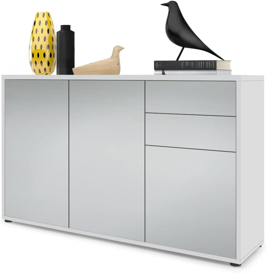 Vladon Ben V3 Sideboard - Hellgrau seidenmatt mit 3 Türen und 2 Schubladen - 117 x 36 x 74 cm aus Holzwerkstoff - Kompakte Kommode für Kleidung und vielseitigen Stauraum