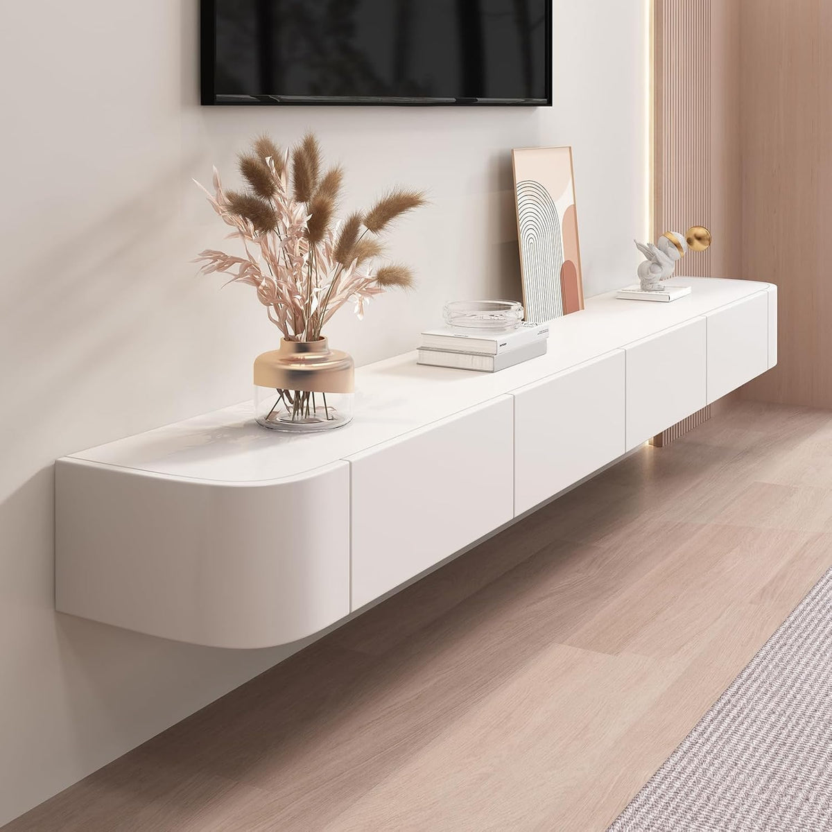 Schwebender TV Schrank 140 cm - Wandmontiertes TV Regal mit Tür und Stauraum - Weiße Medienkonsole unter dem Fernseher - Modernes Lowboard zur Wandmontage