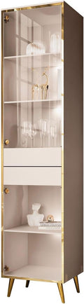 Lookway Aurora KASZMIR Vitrine - Kaschmir Hochglanz mit Glas und Golddekor - 45 x 40 x 181 cm mit LED - Hängend oder stehend mit schrägen Gold Chrom Beinen