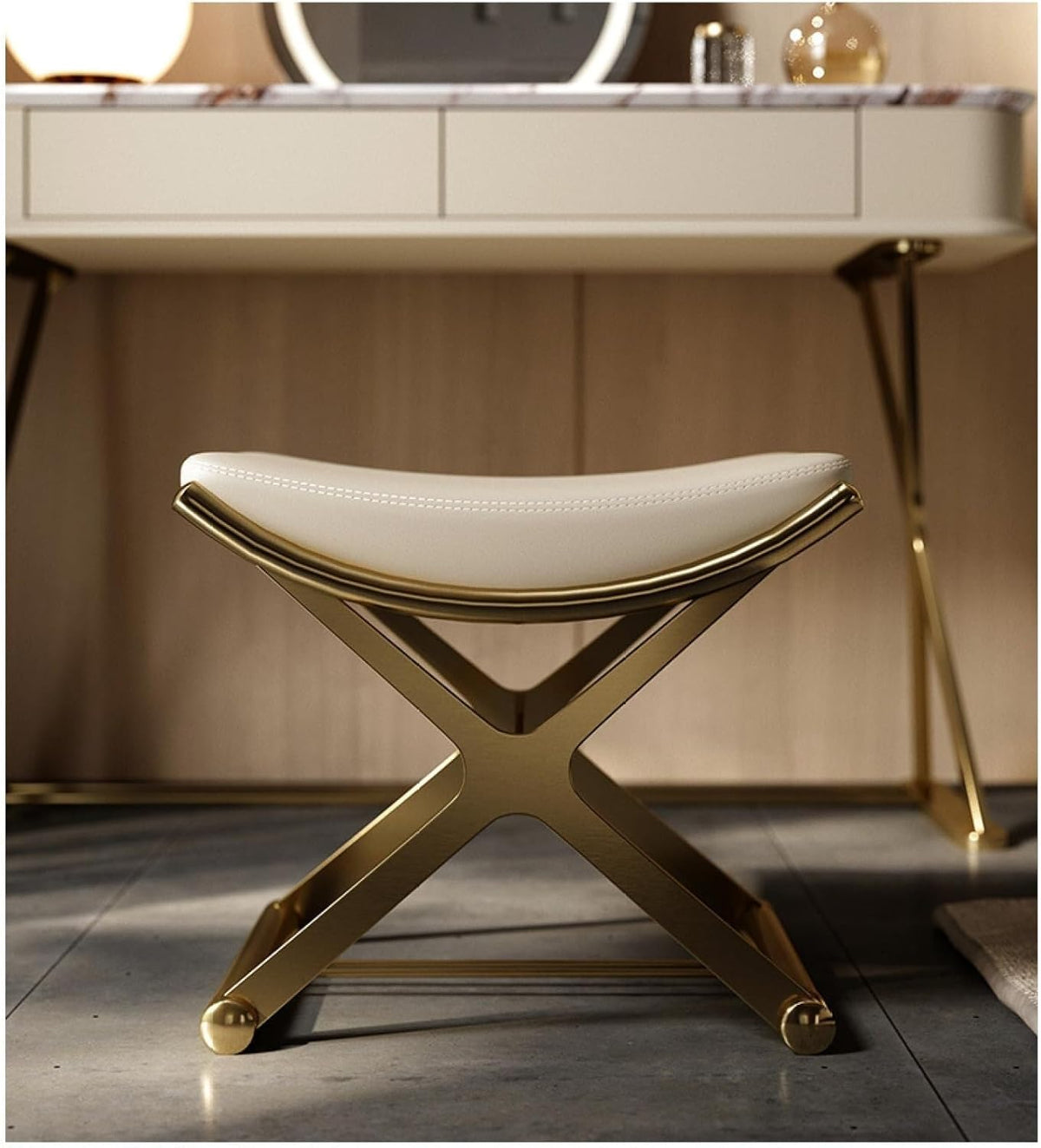 JingNian Schminkhocker - Goldfarben mit X Beinen aus Metall - Gepolsterter Sitz aus Mikrofaserleder - 47 x 49 x 40 cm für Schlaf Wohn und Badezimmer