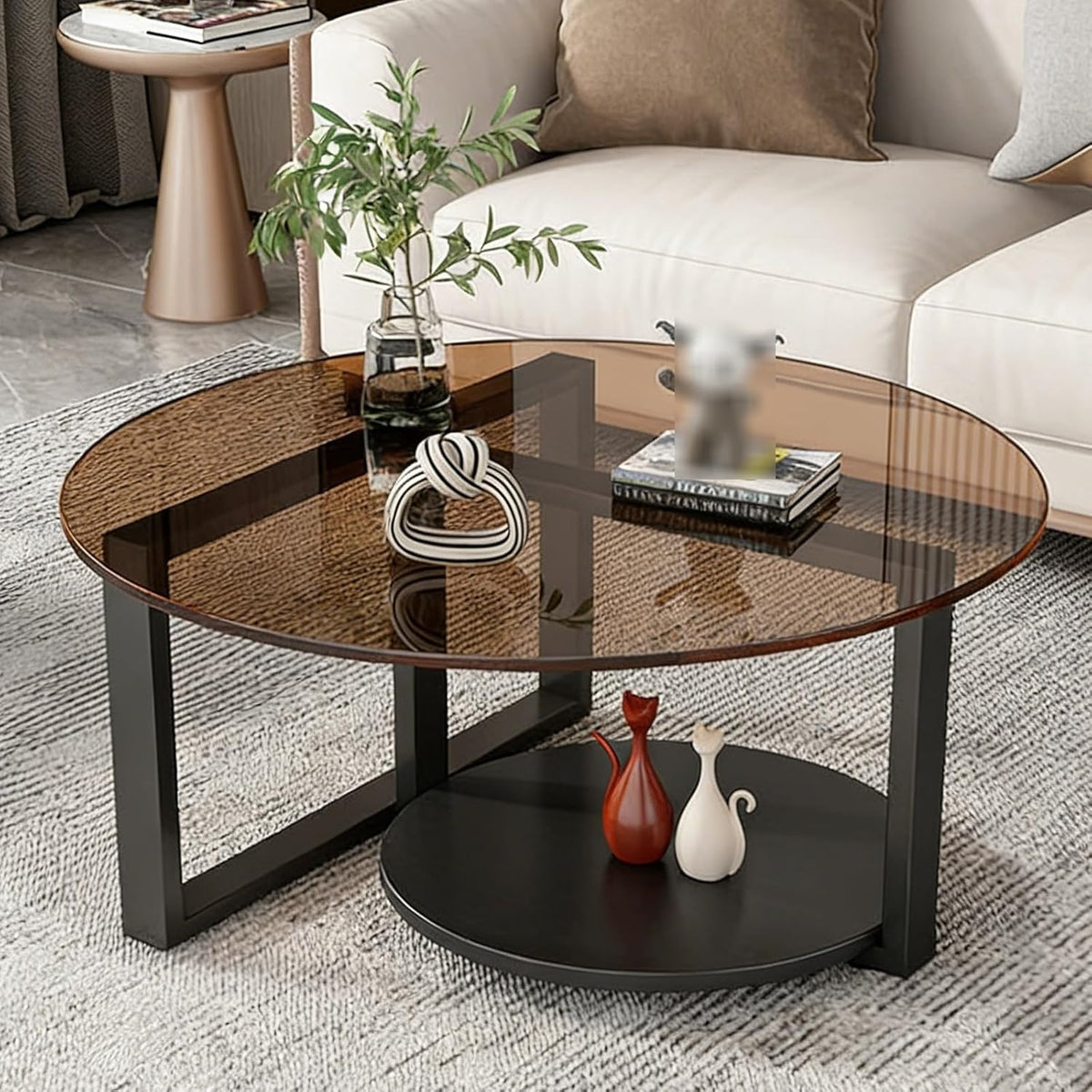 Ovaler Couchtisch aus Glas - Gehärtete Tischplatte mit Metallrahmen - Braun mit integriertem Stauraum - 60 cm breit für das Wohnzimmer