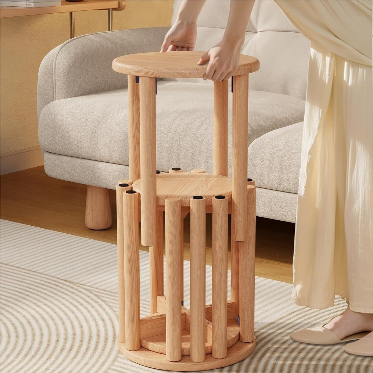 Stapelbares Hocker Set - Naturfarben im platzsparenden Design - Sitzhocker und Beistelltische für kleine Räume - Ohne Montage für Küche Schlaf und Wohnzimmer
