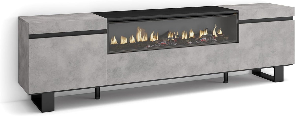 Skraut Home TV Lowboard 200 cm - Für Fernseher bis 80 Zoll und Elektrokamin - Tiefschwarz mit matter Zementoptik - Moderner TV Schrank im Industriedesign
