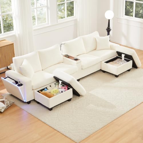 U Wohnlandschaft aus Cord - 334 x 129 x 81 cm für 4 Personen - Beige mit 2 Hockern Stauraum und Ablage - LED und USB für das Wohnzimmer