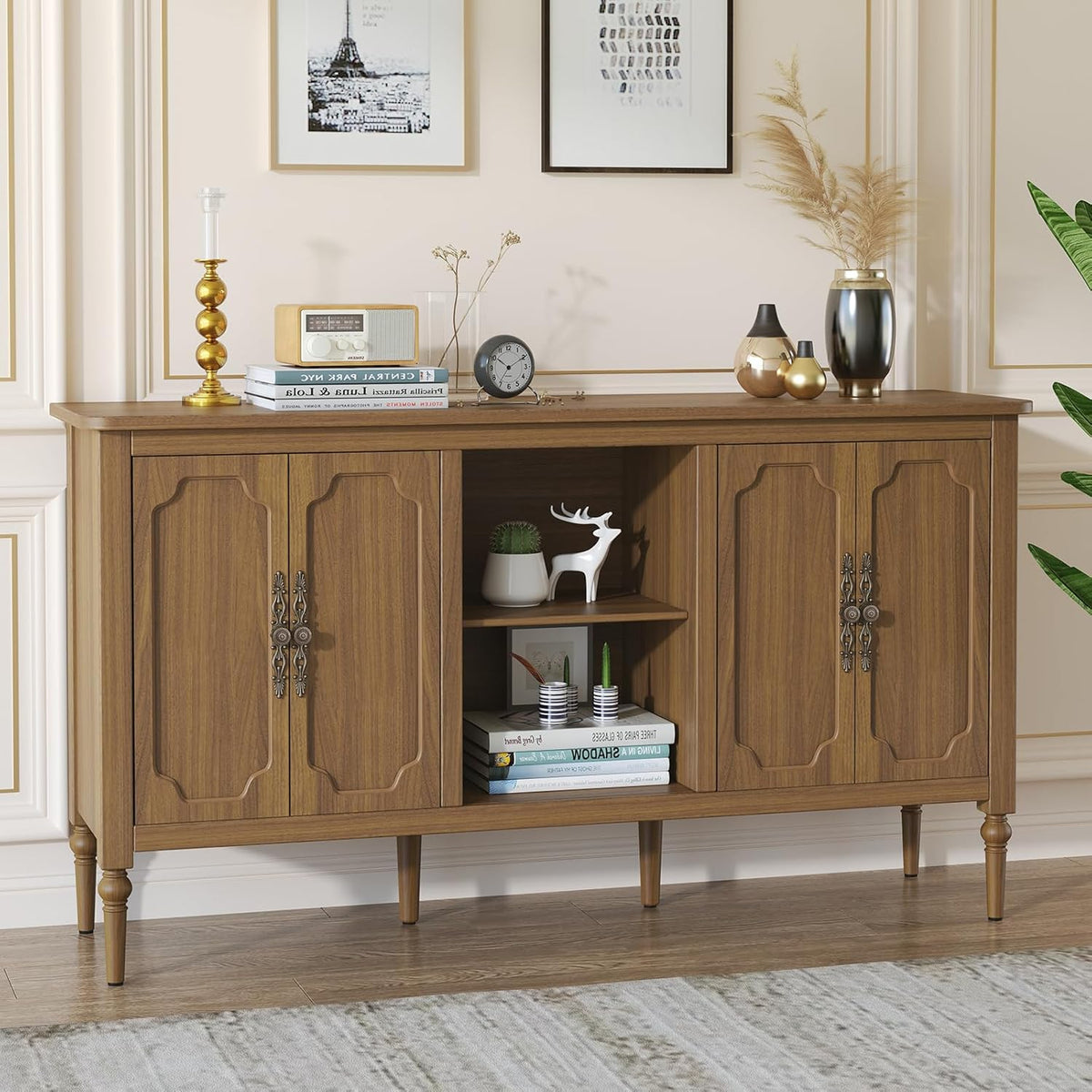 Vintage Sideboard mit 4 Türen - Braun aus Holz mit offenem Schrankbereich - 151 x 40,5 x 80 cm - Akzent Kommode für Tee Kaffeebar Wohnzimmer Esszimmer und Küche