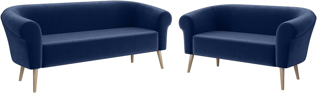 MEBLINI Emilia Sofa Set 3 und 2 - Fünf Sitzplätze aus blauem Samt - Skandinavisches Design ohne Montage - Kompakte Polstergarnitur für das Wohnzimmer