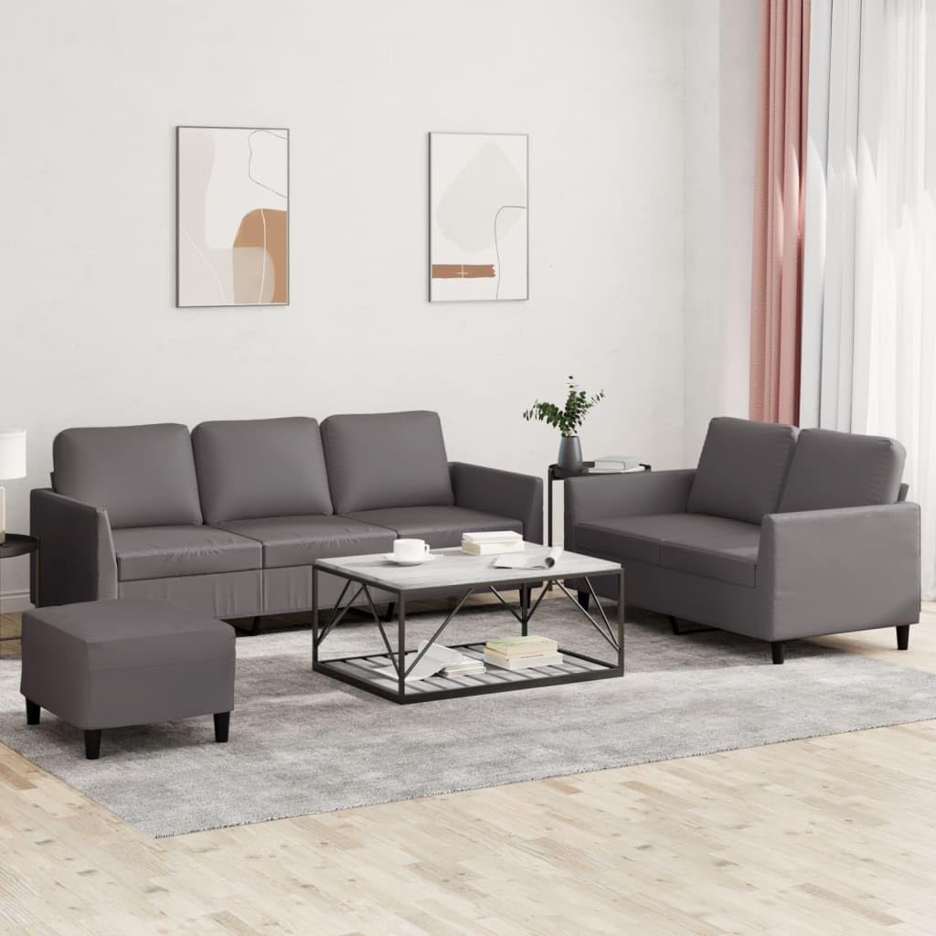 Dreiteilige Sofagarnitur aus Kunstleder - Grau mit passenden Kissen - Modernes Couch Set zum Plaudern und Fernsehen - Für das Wohnzimmer