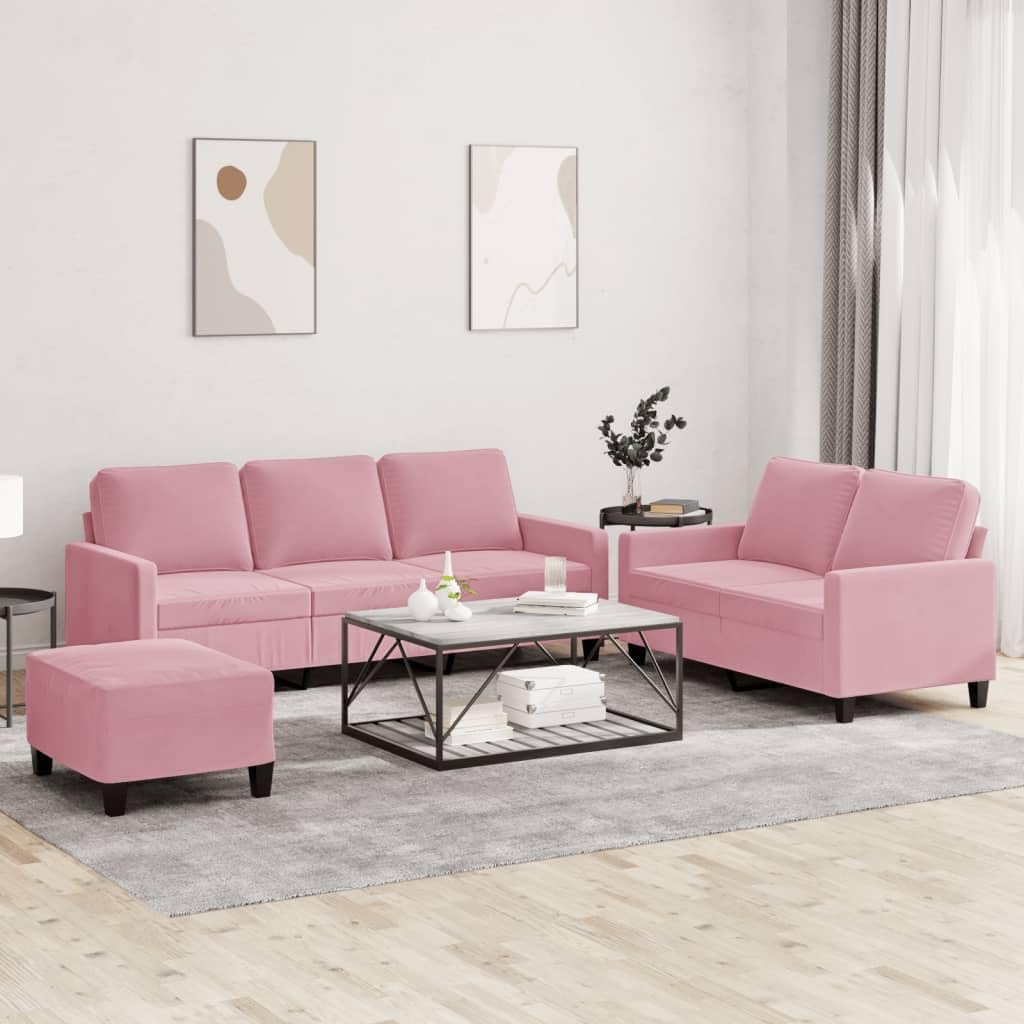 Dreiteilige Sofagarnitur aus Samt - Rosa mit passenden Kissen - Modernes Couch Set zum Plaudern und Fernsehen - Für das Wohnzimmer