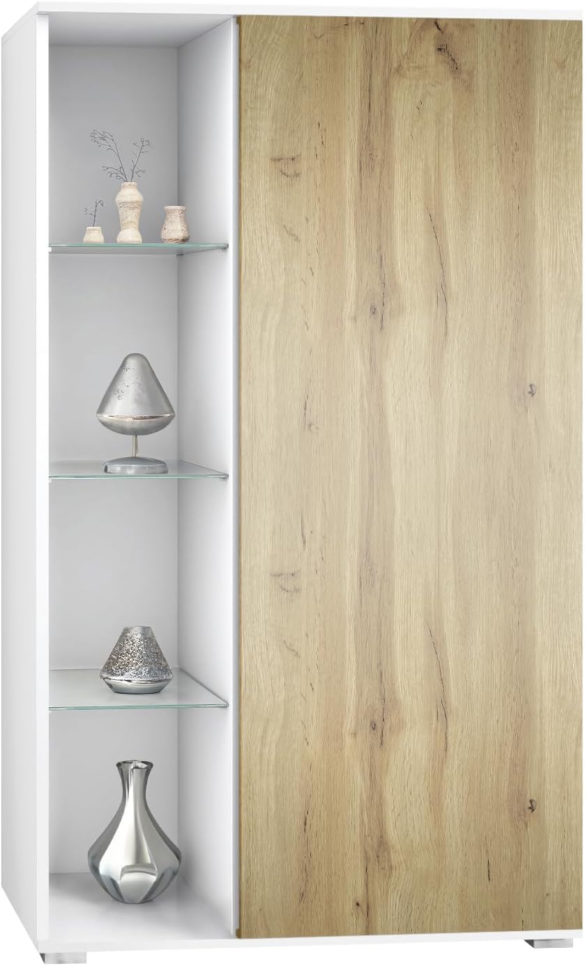 Vladon Davos Standvitrine - Weiß matt und Eiche Wotan mit 3 Glasböden - 71,5 x 35 x 134 cm aus Holzwerkstoff - Mit 8 Fächern für Dekoration und Sammlerstücke