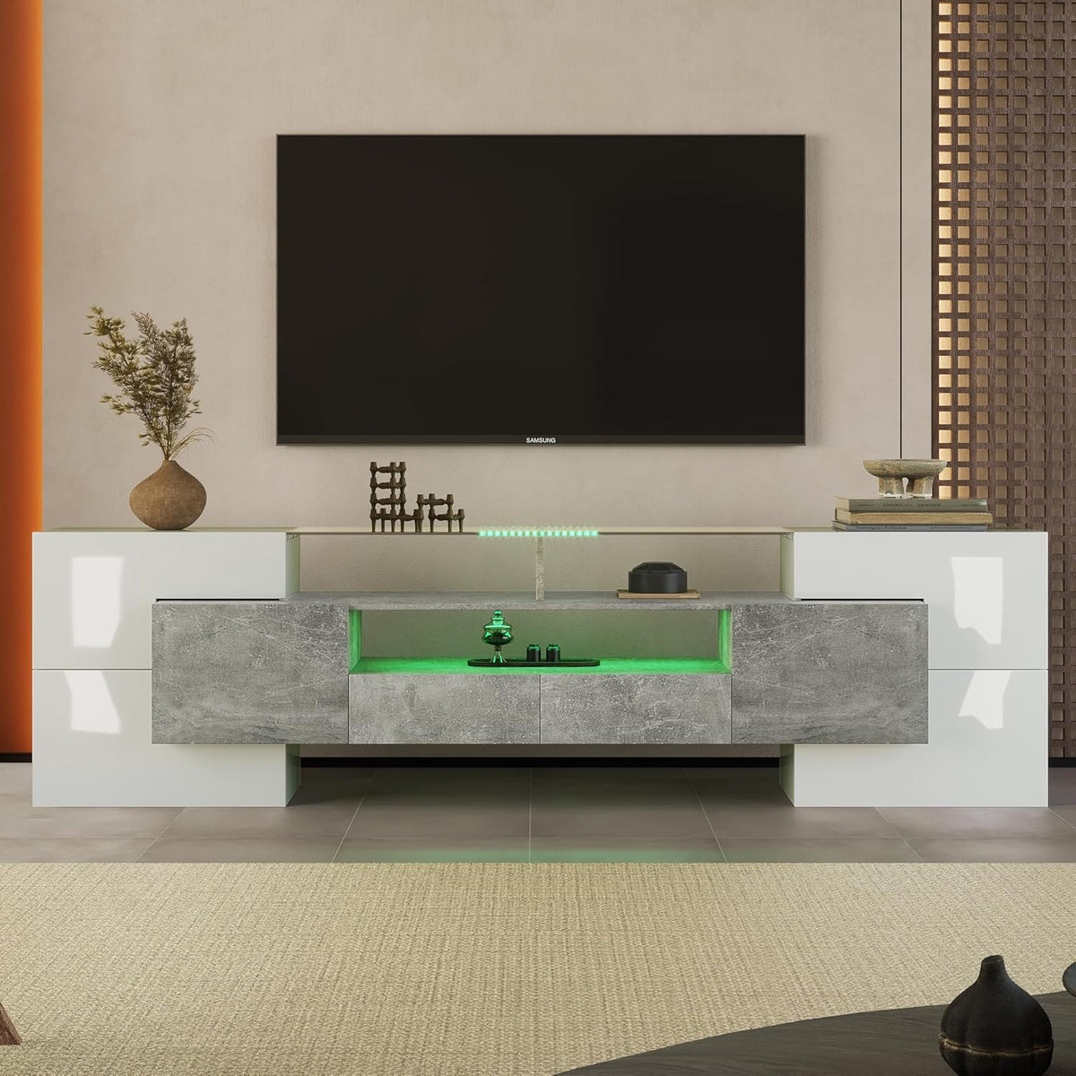TV Lowboard mit LED - Grau mit Hochglanz und Glasoberfläche - 200 cm breit mit modernem Design - Fernsehtisch für Wohnzimmer mit 56 kg Gesamtgewicht