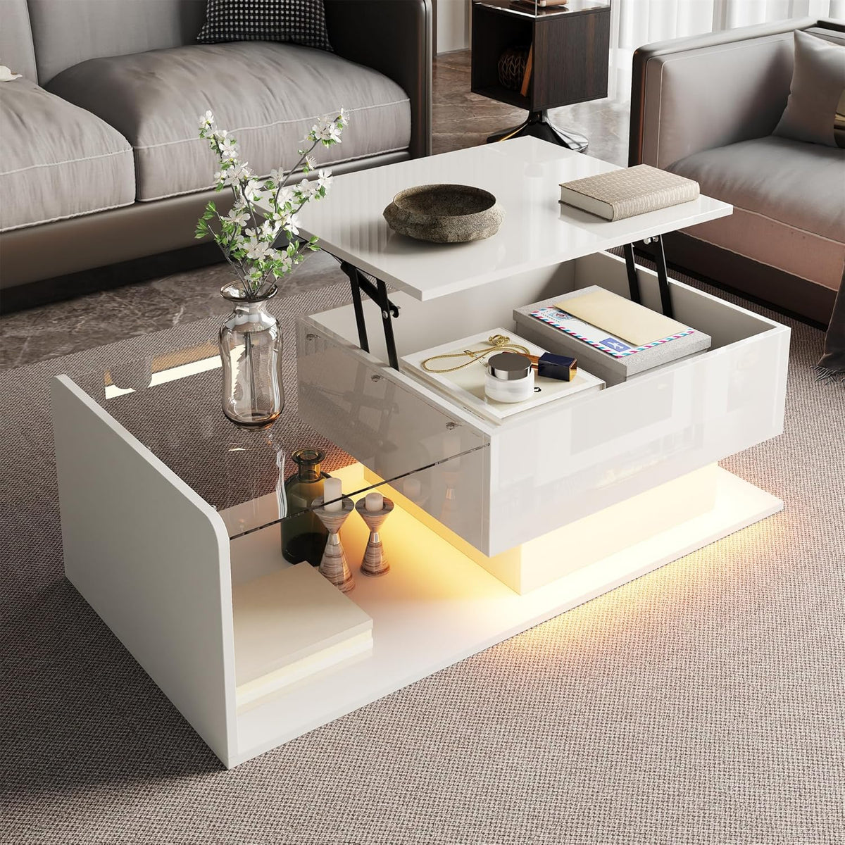 Couchtisch mit LED Effekt - Weiß Hochglanz mit Glasplatte - Modernes Design für das Wohnzimmer - 100 x 50 x 47,5 cm mit 35 kg Belastbarkeit
