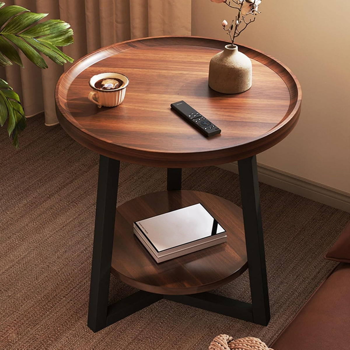 Runder Beistelltisch mit 2 Ebenen - 60 x 60 cm mit Holzplatte und Metallrahmen - Integriertes Ablagefach - Sofatisch für Wohnzimmer und Schlafzimmer