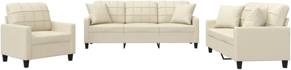 Sofagarnitur mit Sessel und Couch - Cremefarbenes Kunstleder mit Kissen - Polstermöbel mit Armlehnen im modernen Design - Für das Wohnzimmer