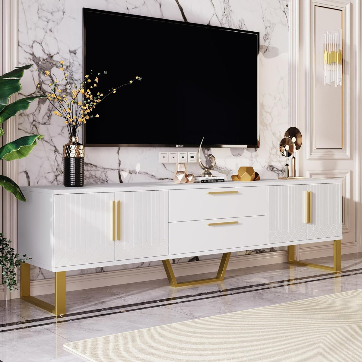 TV Lowboard 170 cm Weiß - Für Fernseher bis 75 Zoll - 4 Türen 2 Schubladen mit goldenen Griffen und Füßen - Moderner Fernsehschrank 170 x 53,5 x 40 cm