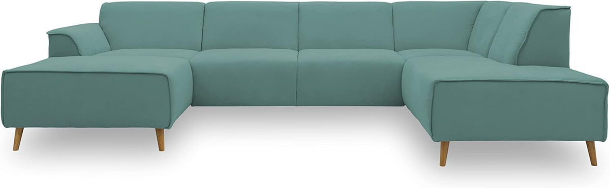 DOMO Collection Jules U Wohnlandschaft - Mintfarbener Bezug mit Federkern - 8 Sitzplätze und Longchair links - Skandinavisches Sofa mit Holzfüßen